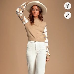 Lulus Meet and Greet Tan Multi Sweater Top Size Small